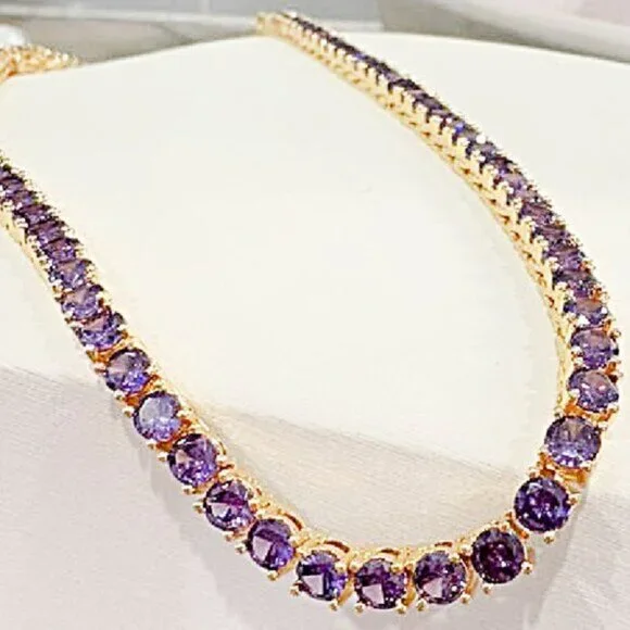 18K Gold Plated Tennis Necklace, 4mm Simulated Purple Amethyst Gemstone - Picture 2 of 6